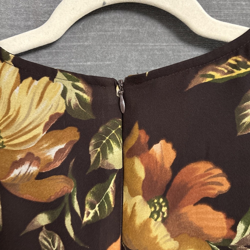 Vintage Petite Sophisticate Dress L Petite Brown Yellow Floral A Line Midi 90s - Picture 7 of 9